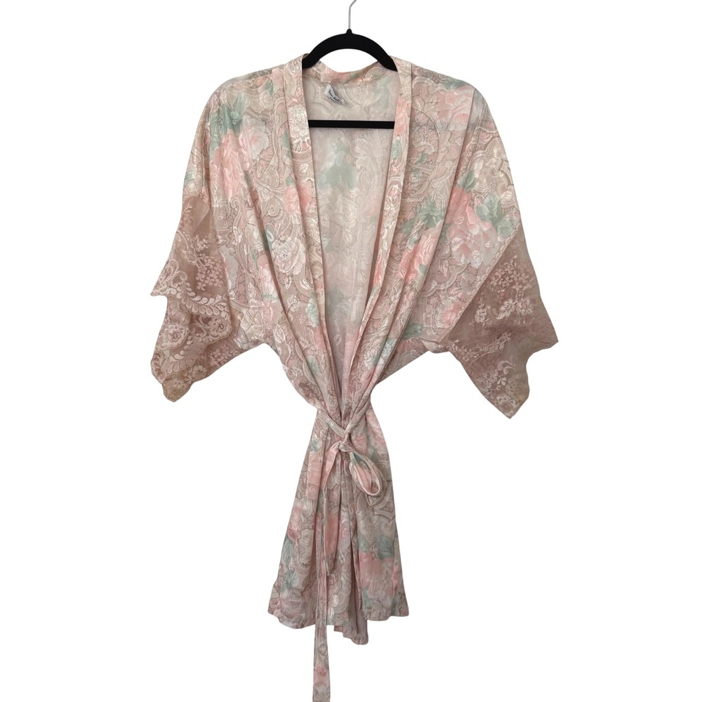 VTG Lucie Ann II Floral Jacquard Robe Dressing Gown M Pink Lace Lingerie USA 60s